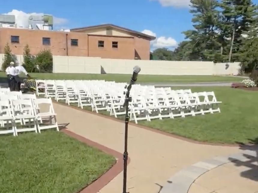 Wedding ceremony seating and sound ready before guests arrive