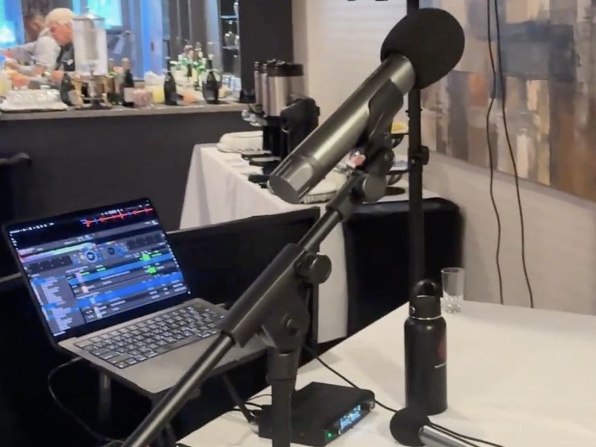 Wireless microphone and receiver set up at a New Jersey wedding reception
